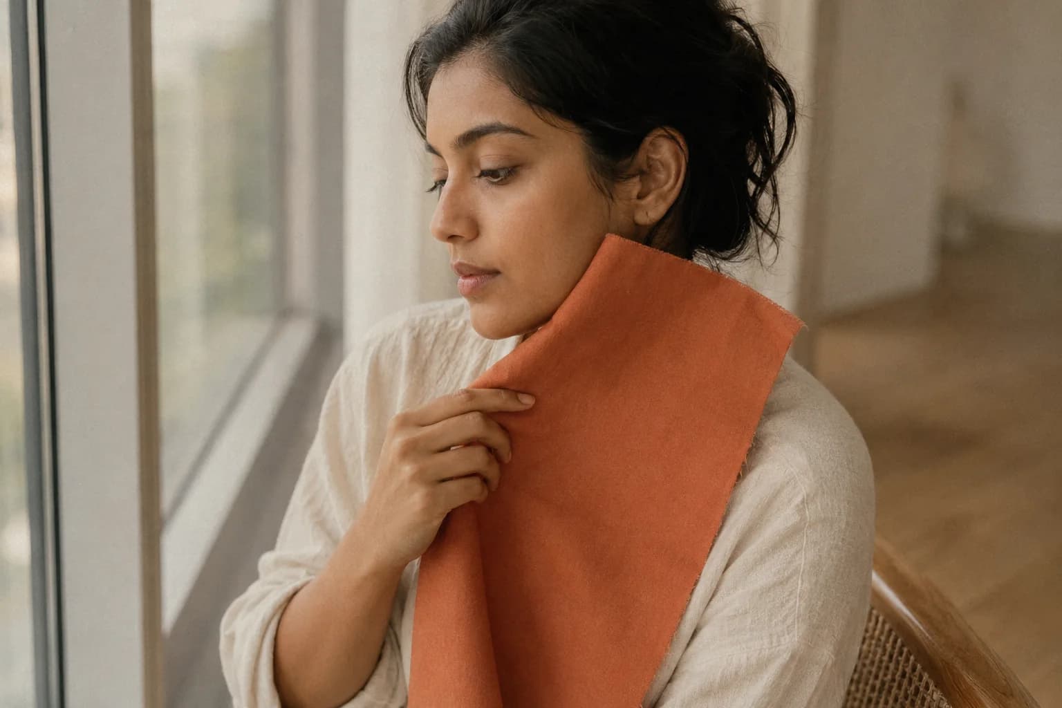 Woman holding a fabric swatch against her face in natural window light