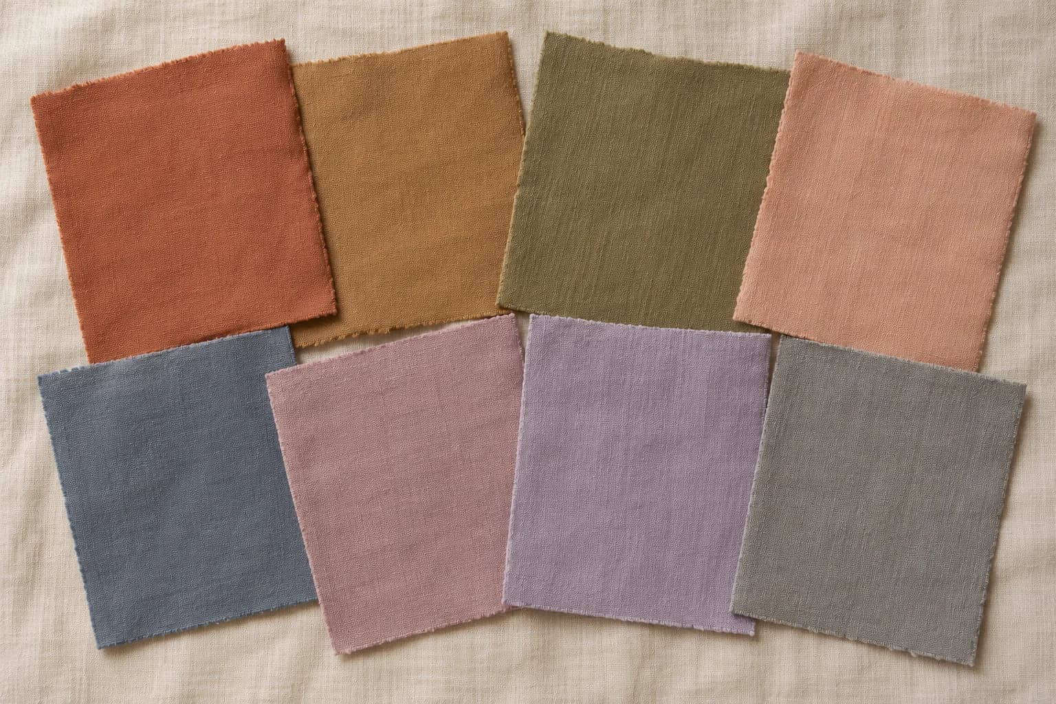 Warm and cool fabric swatches arranged side by side on linen
