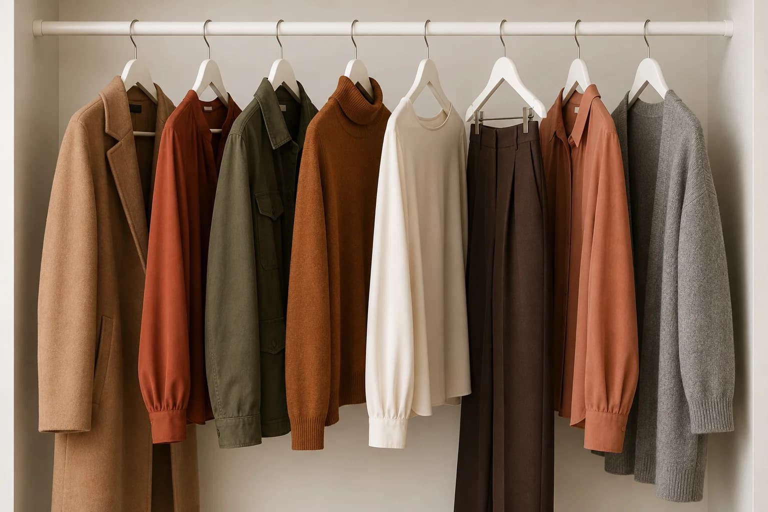 Autumn season capsule wardrobe — camel, rust, olive, warm brown, cream on a clean rail