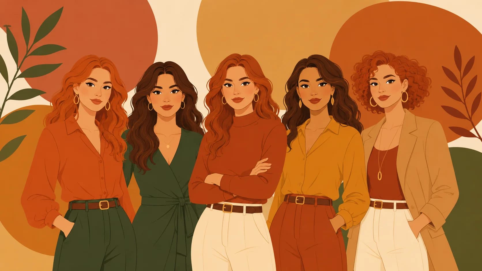 Illustrated group portrait of women with true autumn coloring — warm golden and peachy skin tones, copper-auburn and warm brunette hair, vivid earthy features