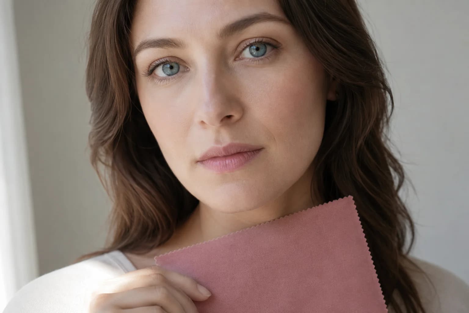 Woman holding a dusty rose fabric swatch near her face to assess color compatibility