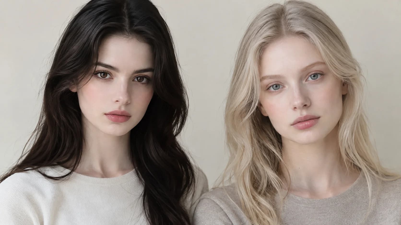 Two women side by side: one with dark hair and fair skin (high contrast), one with ash blonde hair and fair skin (low contrast)