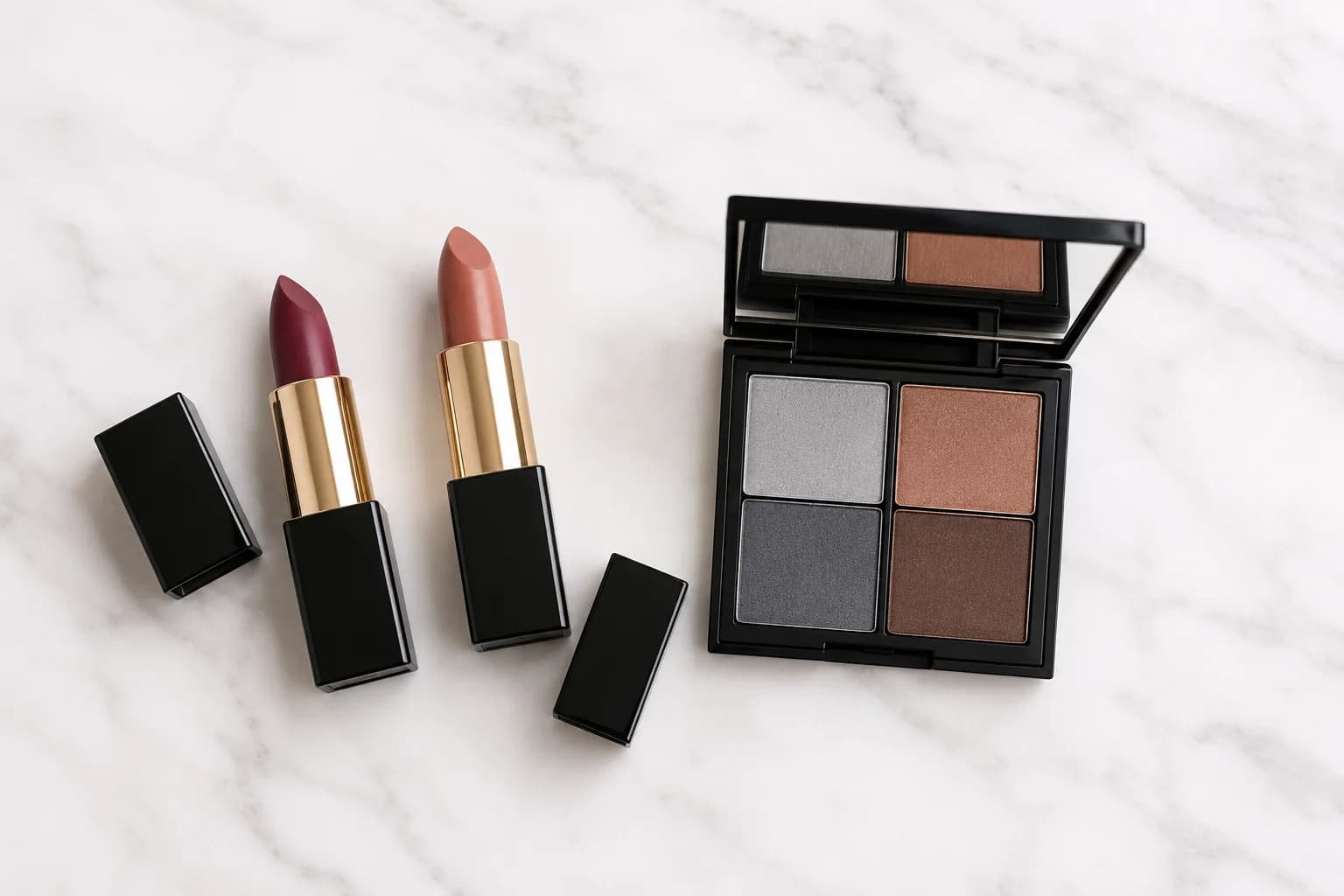 A soft nude lipstick and a deep berry lipstick beside a gray and bronze eyeshadow palette