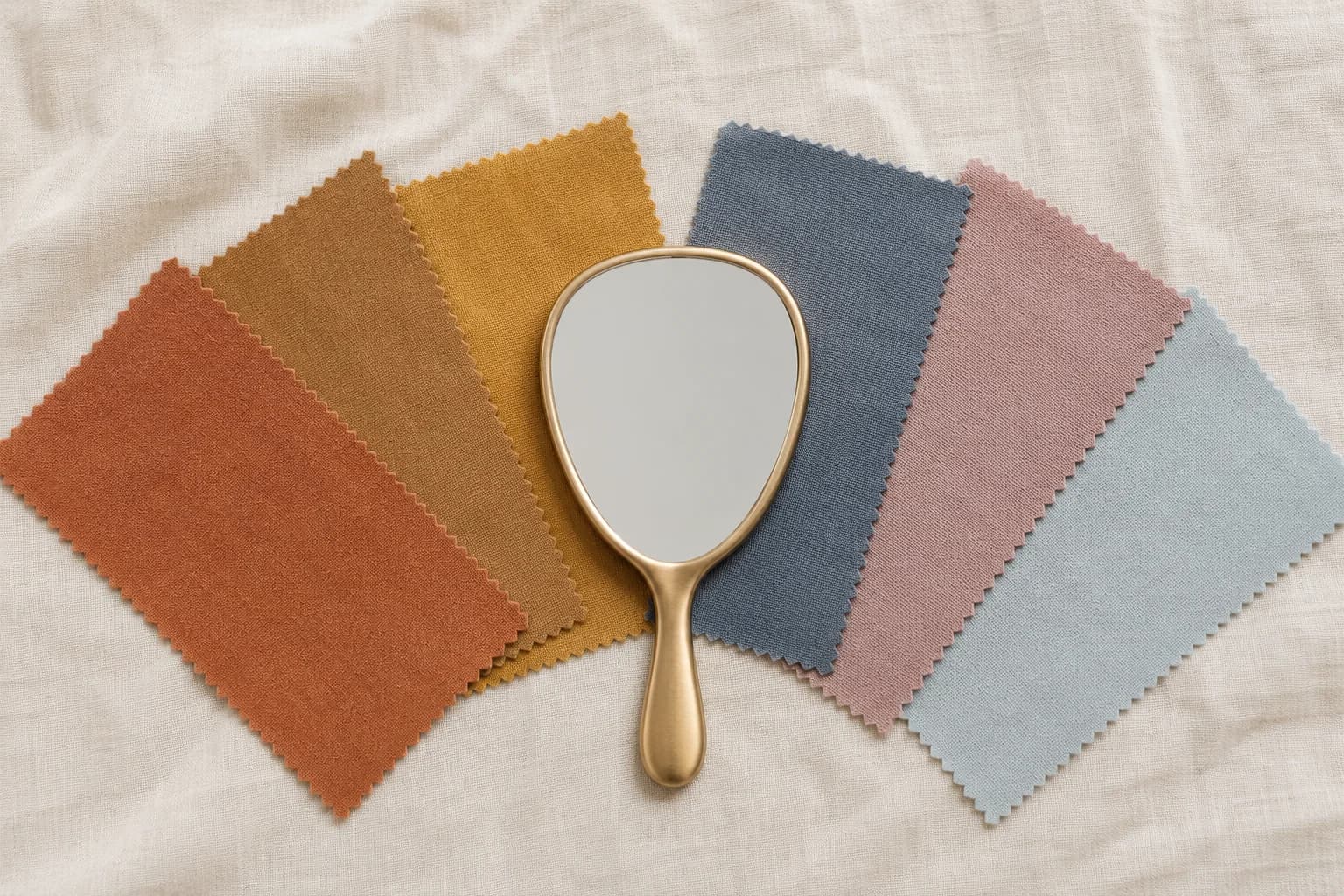 Fabric swatches and a hand mirror on a table