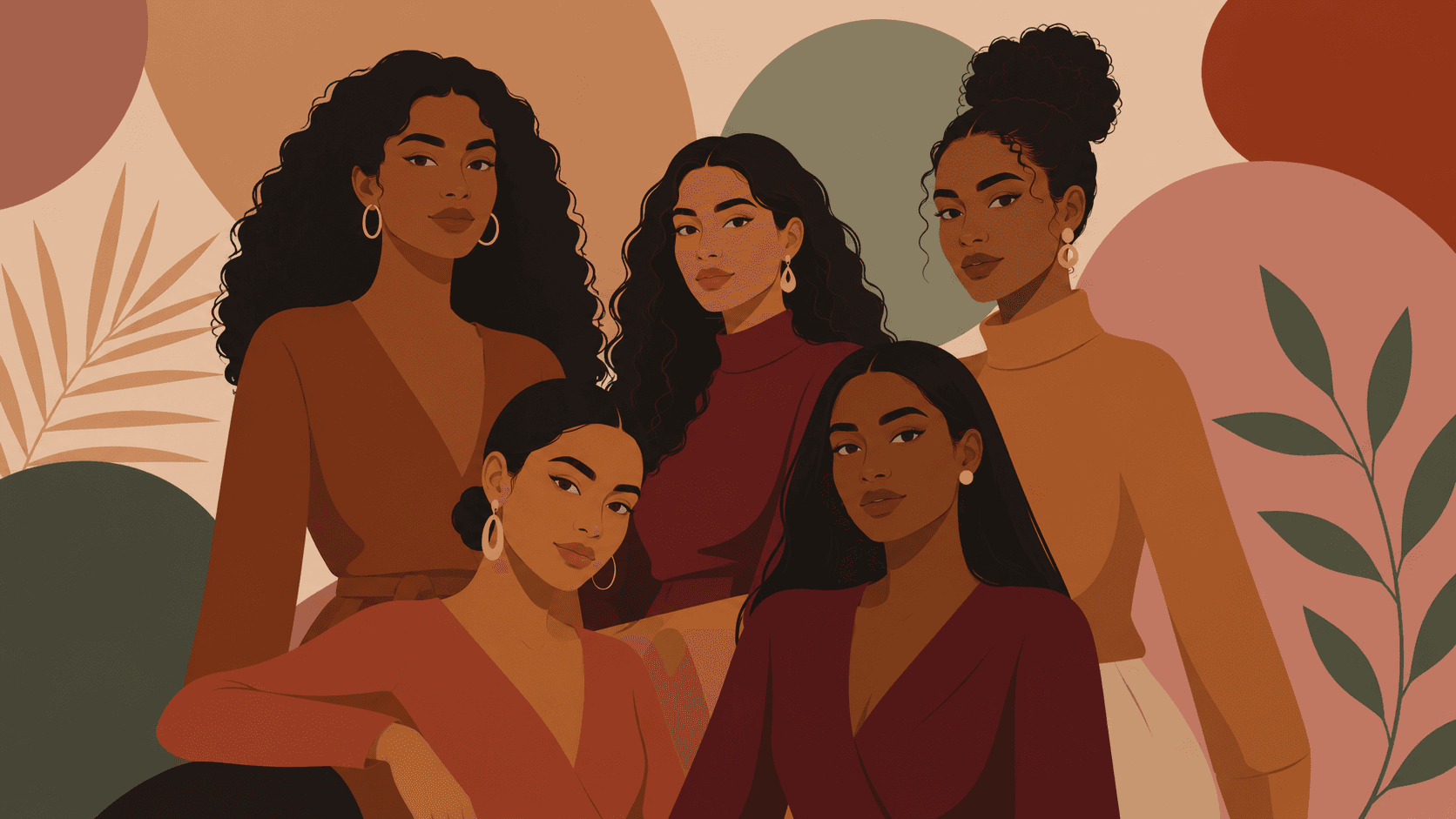 Illustrated group portrait of women with deep autumn coloring — warm golden and olive skin tones, deep warm-brown and near-black hair, rich earthy features