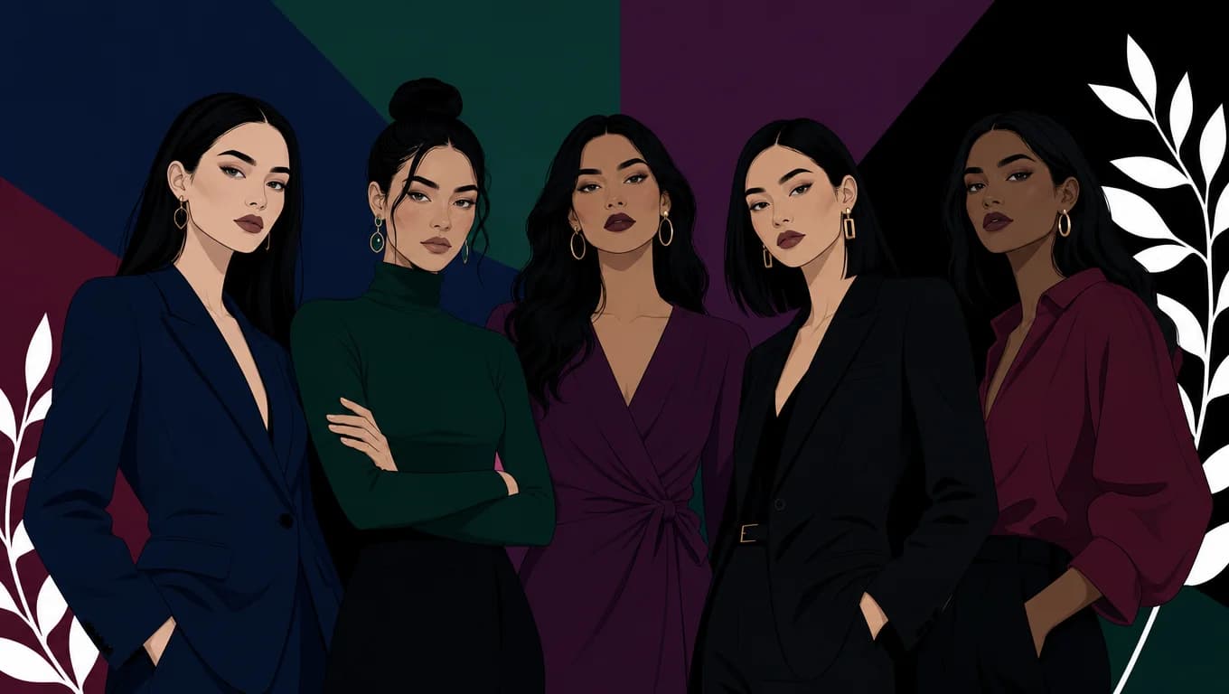 Illustrated group portrait of women with deep winter coloring — cool fair to deep skin tones, very dark near-black hair, dressed in deep jewel tones like navy, emerald, plum and black