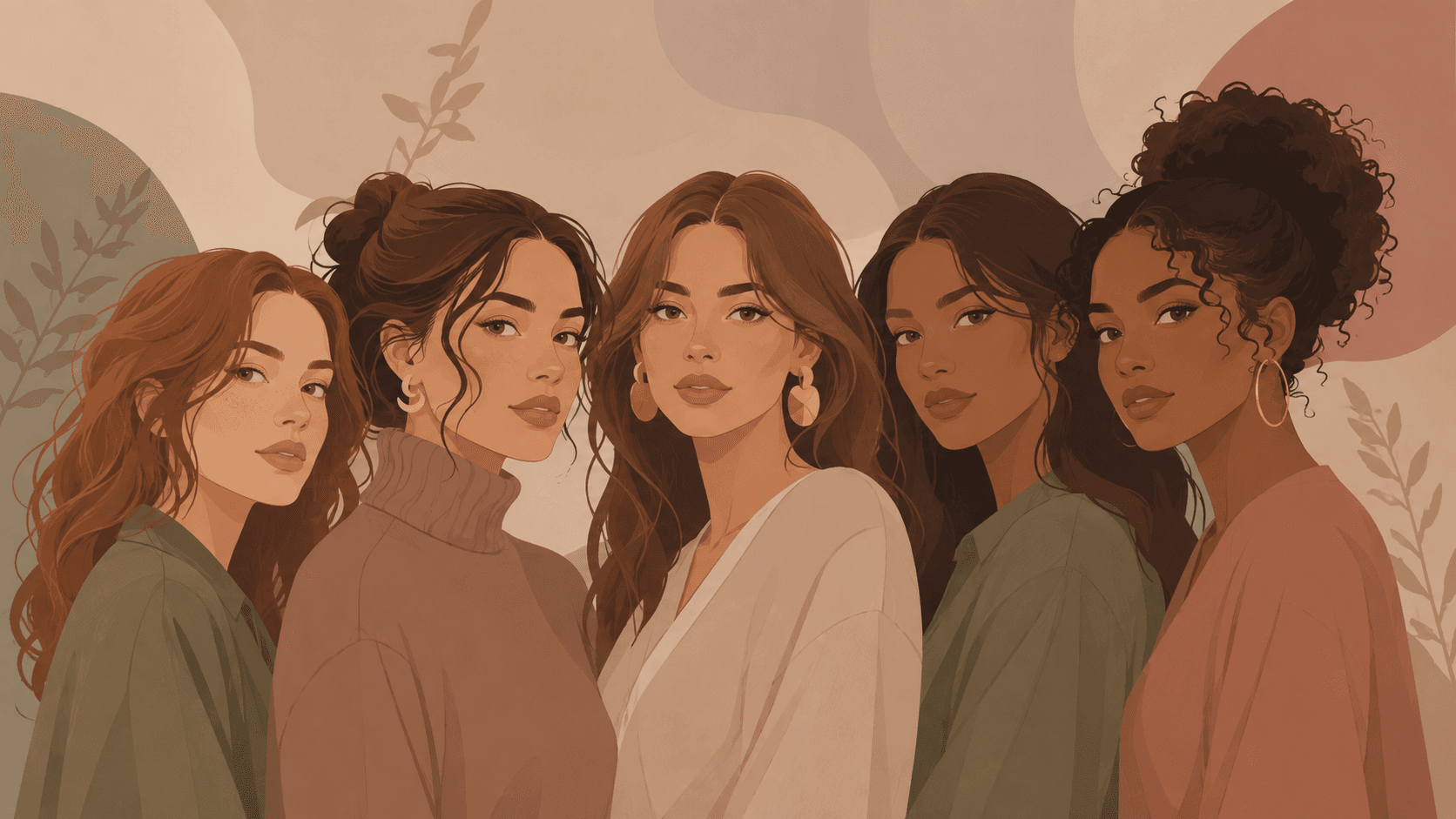 Illustrated group portrait of women with soft autumn coloring — warm golden and olive skin tones, warm muted brown and auburn hair, earthy features