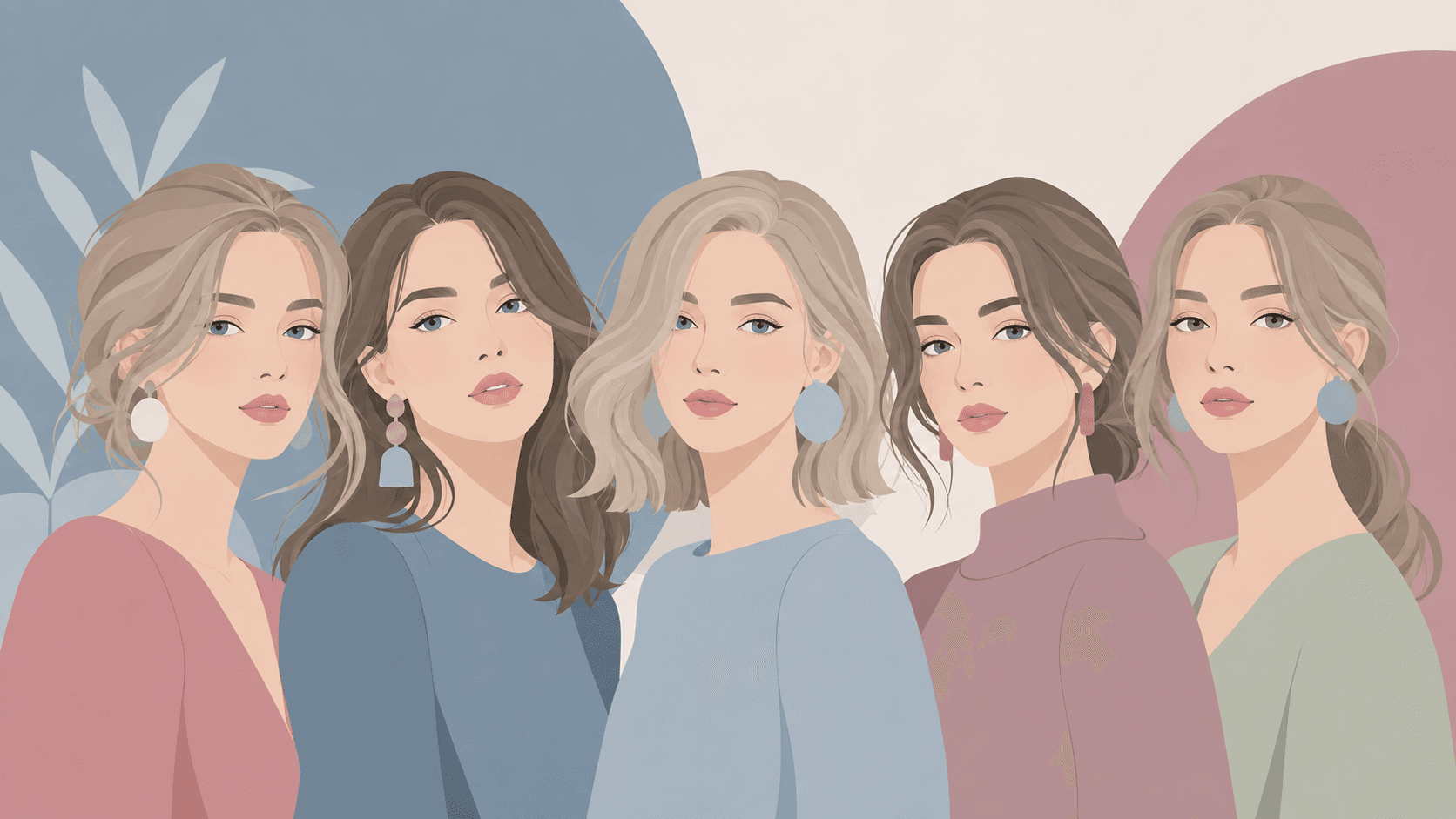 Illustrated group portrait of women with soft summer coloring — cool-toned skin, ashy muted hair, soft understated features