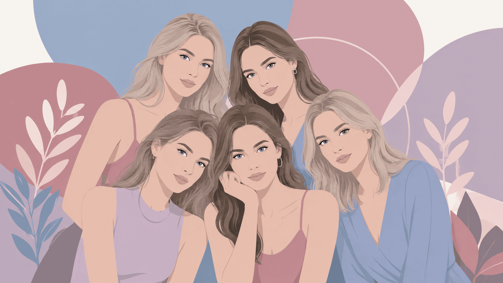 Illustrated group portrait of women with true summer coloring — cool pink-toned skin, ash blonde and soft brunette hair, gentle muted features