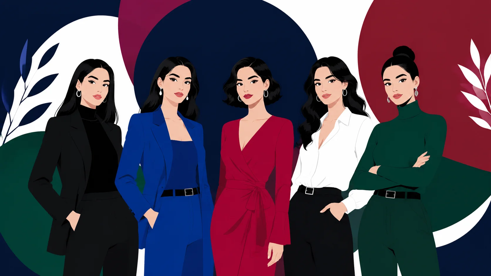 Illustrated group portrait of women with true winter coloring — cool fair and medium skin tones, very dark near-black hair, high contrast features