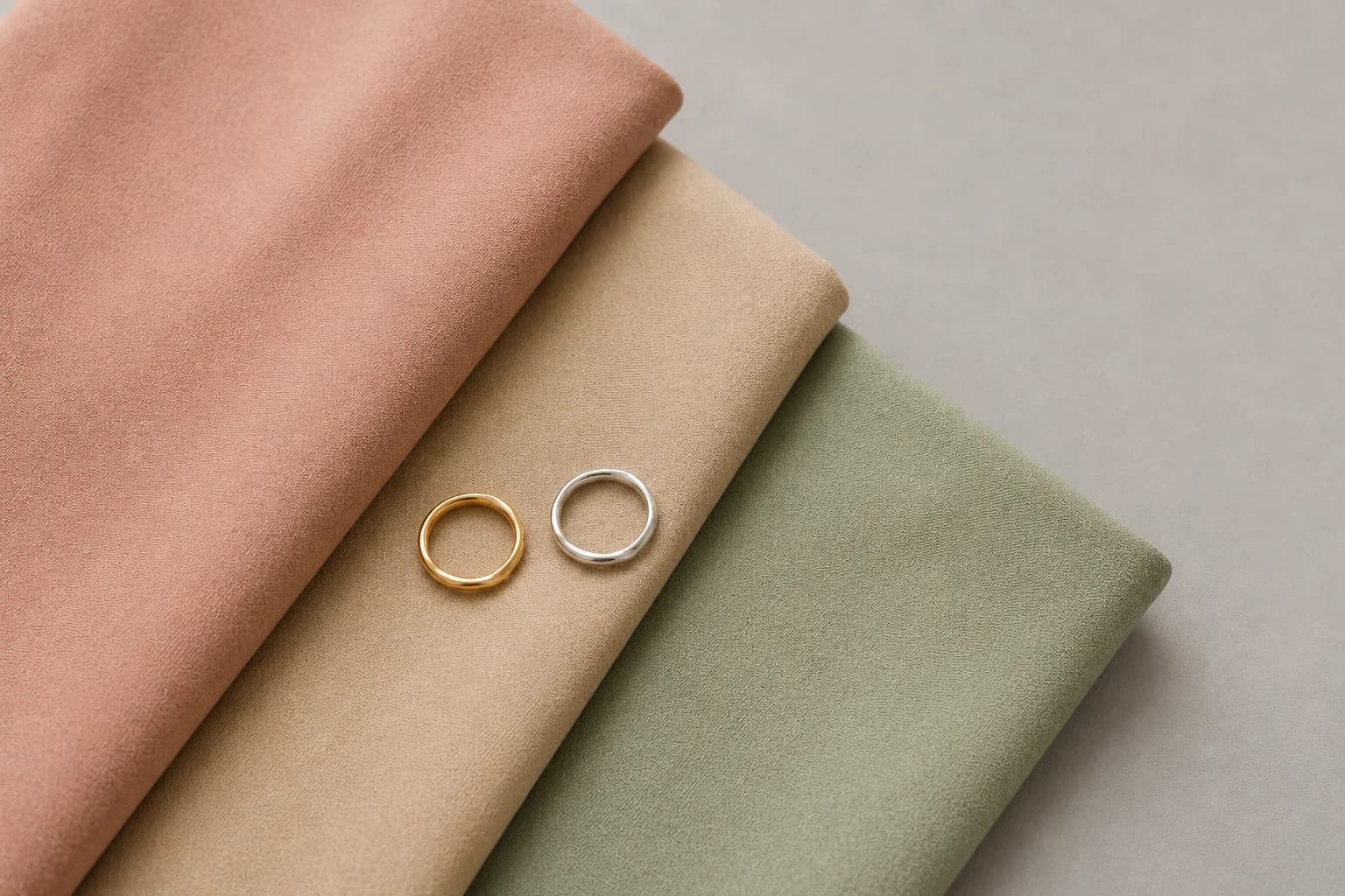 Stoffmuster in Altrosa, Sand und Salbeigrün mit einem Goldring und einem Silberring, stellvertretend für eine Farbpalette mit neutralem Unterton
